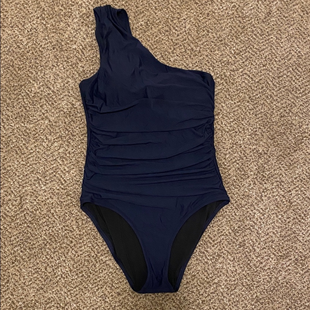 J.Crew Navy One Shoulder One Piece Swimsuit Ruched Sz 10